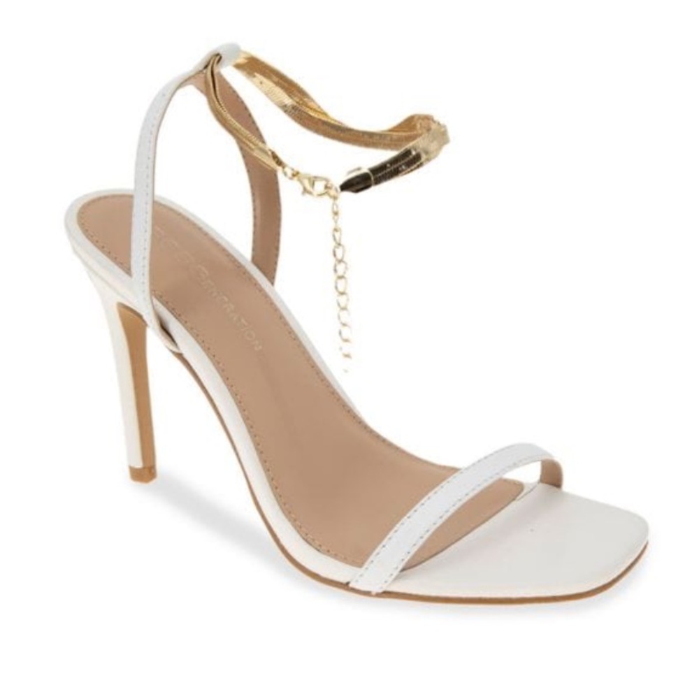 BCBGeneration White Ingot Heels Gold Chain Sandals